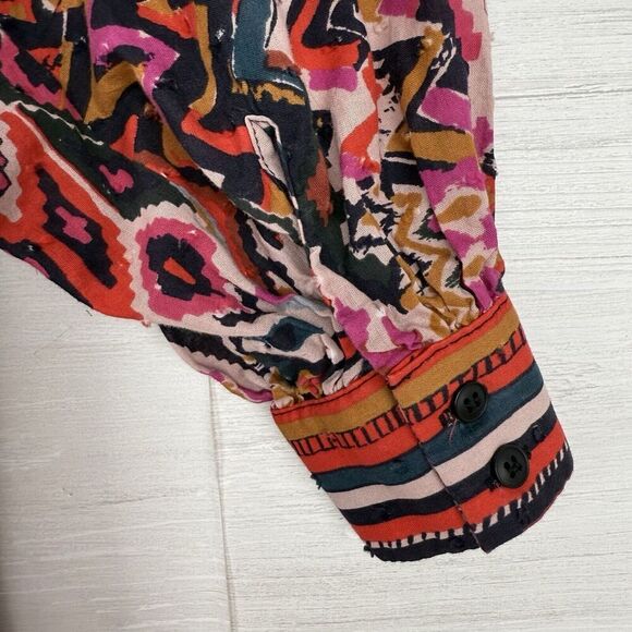 Zara Long Sleeve Mini Dress L Red Pink Geometric Tribal Print Button Front Boho - Picture 9 of 16